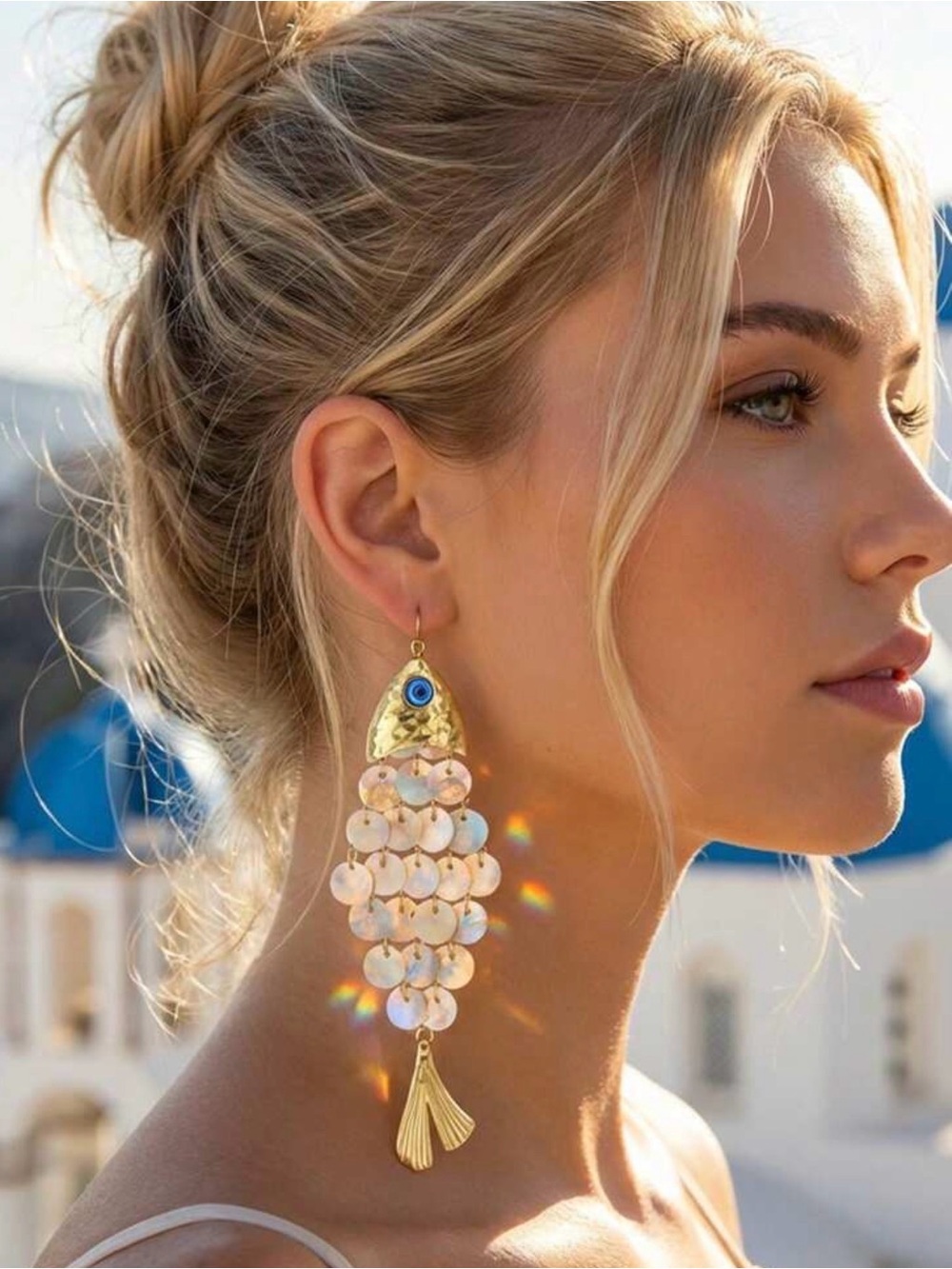 Anthropologie Gold-Tone Tassel Earrings with White Shell Discs and Blue Eye